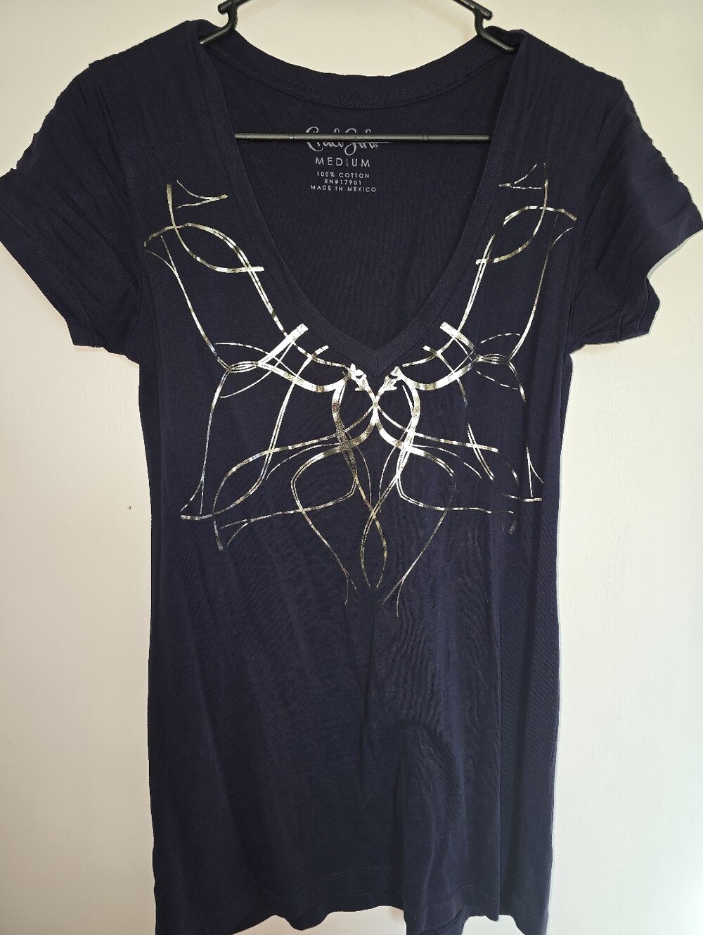 Cruel Girl Navy V-Neck Tee with Silver Metallic Design